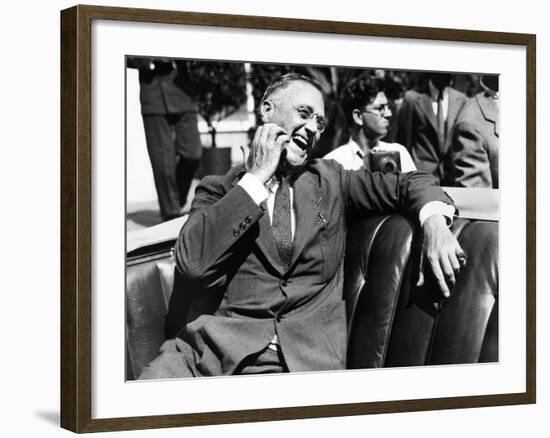 Candid Portrait of President Franklin Roosevelt Speaking to Informally to Greeters at Hyde Park, NY-null-Framed Photo