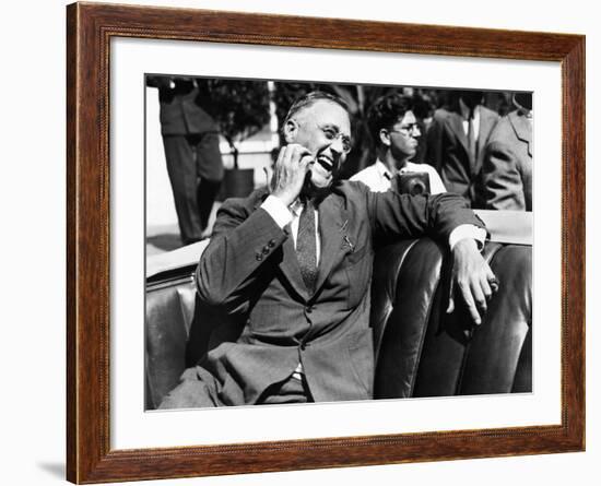 Candid Portrait of President Franklin Roosevelt Speaking to Informally to Greeters at Hyde Park, NY-null-Framed Photo