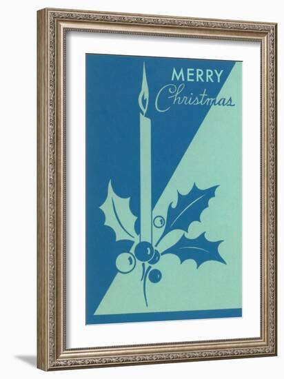 Candle and Holly, Blue-null-Framed Art Print