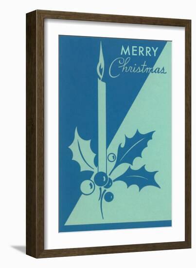 Candle and Holly, Blue-null-Framed Art Print