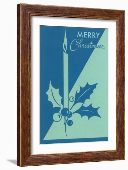 Candle and Holly, Blue-null-Framed Art Print