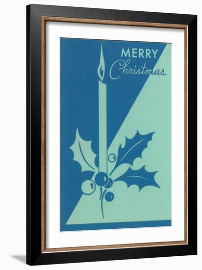 Candle and Holly, Blue-null-Framed Art Print