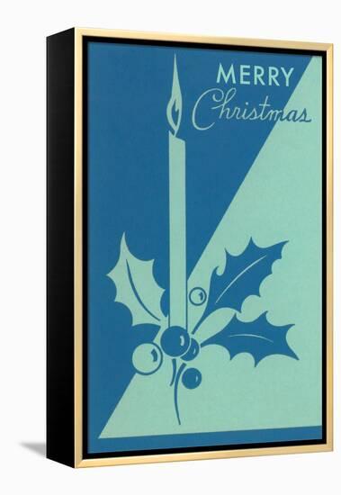 Candle and Holly, Blue-null-Framed Stretched Canvas