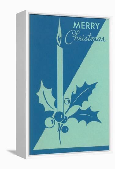 Candle and Holly, Blue-null-Framed Stretched Canvas