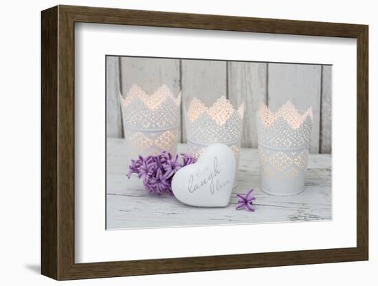 Candles in pots and heart pendant as a decoration, still life-Andrea Haase-Framed Photographic Print