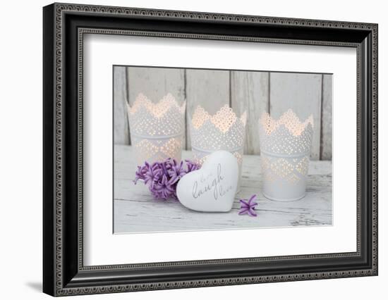 Candles in pots and heart pendant as a decoration, still life-Andrea Haase-Framed Photographic Print