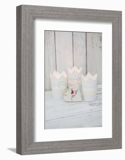 Candles in pots and heart pendant as a decoration, still life-Andrea Haase-Framed Photographic Print
