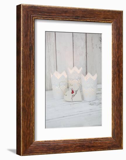 Candles in pots and heart pendant as a decoration, still life-Andrea Haase-Framed Photographic Print