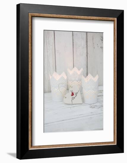 Candles in pots and heart pendant as a decoration, still life-Andrea Haase-Framed Photographic Print
