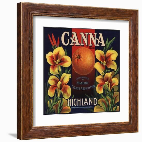 Canna Brand - Highland, California - Citrus Crate Label-Lantern Press-Framed Art Print