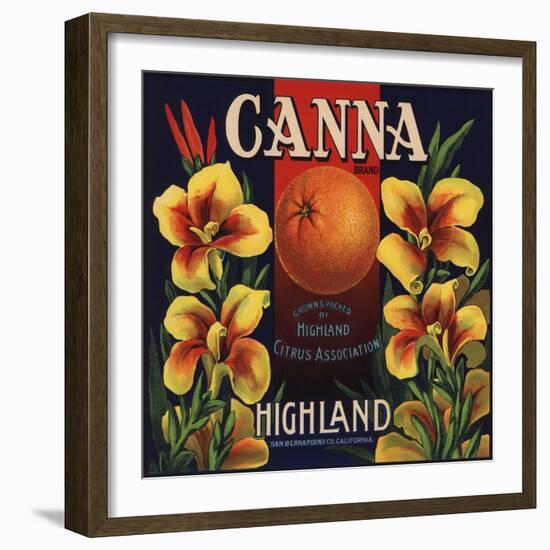 Canna Brand - Highland, California - Citrus Crate Label-Lantern Press-Framed Art Print