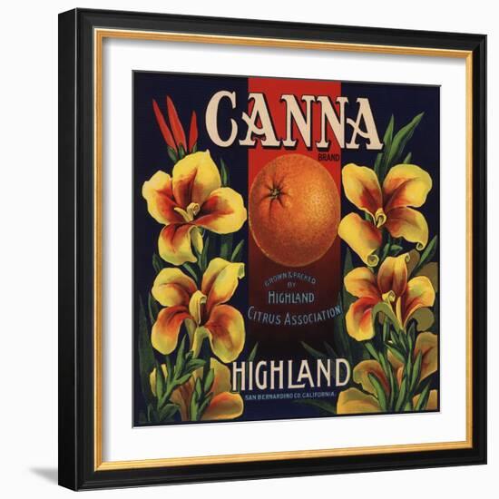 Canna Brand - Highland, California - Citrus Crate Label-Lantern Press-Framed Art Print