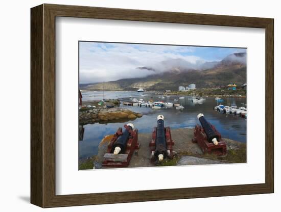 Cannon artillery overlooking the harbor, Qeqertarsuaq, Greenland-Keren Su-Framed Photographic Print