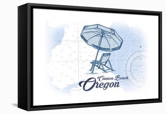 Cannon Beach, Oregon - Beach Chair and Umbrella - Blue - Coastal Icon-Lantern Press-Framed Stretched Canvas