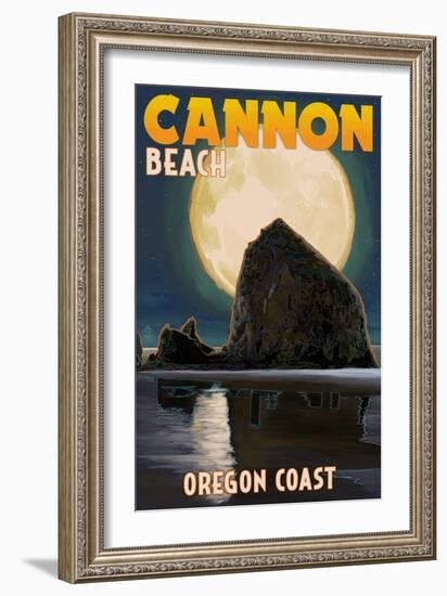 Cannon Beach, Oregon - Haystack Rock and Full Moon-Lantern Press-Framed Art Print