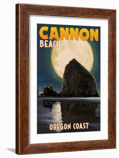 Cannon Beach, Oregon - Haystack Rock and Full Moon-Lantern Press-Framed Art Print