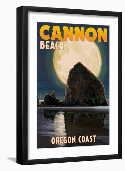 Cannon Beach, Oregon - Haystack Rock and Full Moon-Lantern Press-Framed Art Print