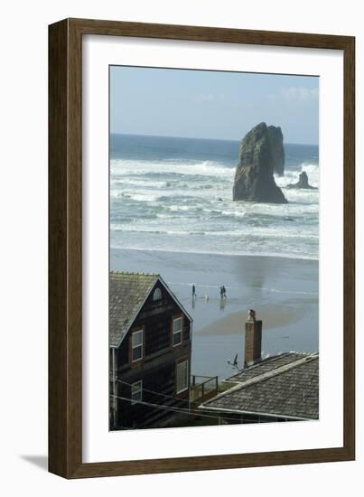 Cannon Beach, Oregon. People Walking with Dog-Natalie Tepper-Framed Photo