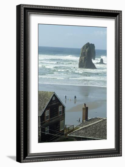 Cannon Beach, Oregon. People Walking with Dog-Natalie Tepper-Framed Photo