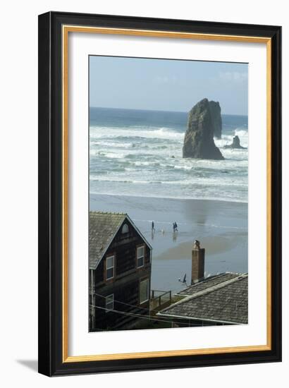 Cannon Beach, Oregon. People Walking with Dog-Natalie Tepper-Framed Photo