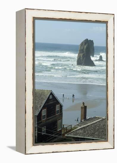 Cannon Beach, Oregon. People Walking with Dog-Natalie Tepper-Framed Stretched Canvas