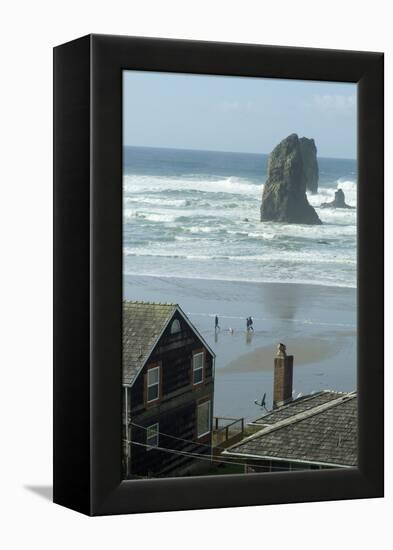 Cannon Beach, Oregon. People Walking with Dog-Natalie Tepper-Framed Stretched Canvas