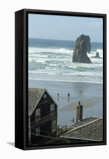 Cannon Beach, Oregon. People Walking with Dog-Natalie Tepper-Framed Stretched Canvas