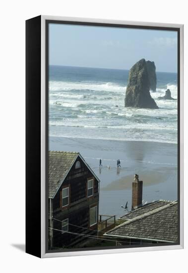 Cannon Beach, Oregon. People Walking with Dog-Natalie Tepper-Framed Stretched Canvas