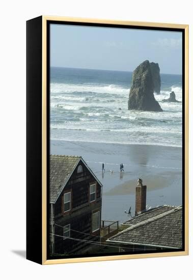 Cannon Beach, Oregon. People Walking with Dog-Natalie Tepper-Framed Stretched Canvas