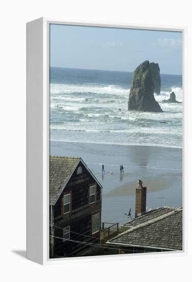 Cannon Beach, Oregon. People Walking with Dog-Natalie Tepper-Framed Stretched Canvas