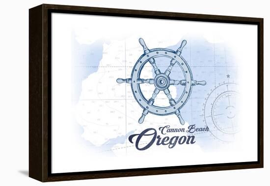 Cannon Beach, Oregon - Ship Wheel - Blue - Coastal Icon-Lantern Press-Framed Stretched Canvas