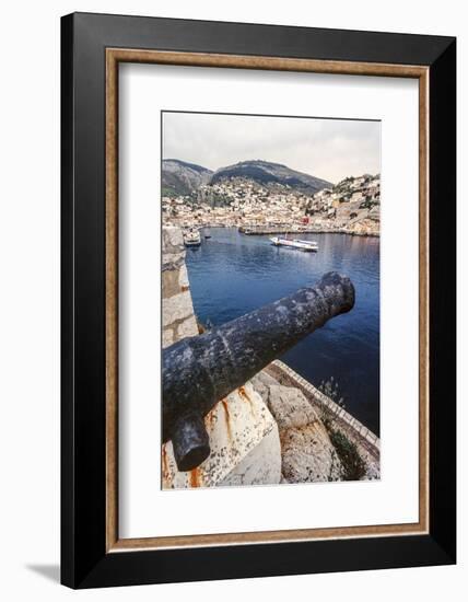 Cannon, Hydrofoil Boat, Harbor, Hydra Island, Greece-Ali Kabas-Framed Photographic Print