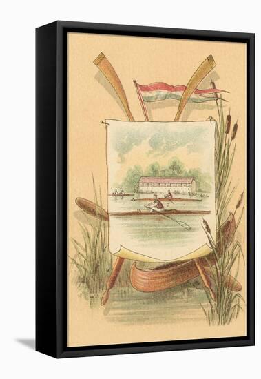 Canoe Amid Cattails, Rowing Illustration-null-Framed Stretched Canvas