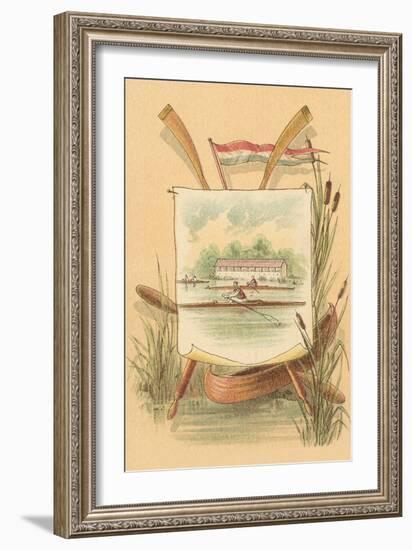 Canoe Amid Cattails, Rowing Illustration-null-Framed Art Print