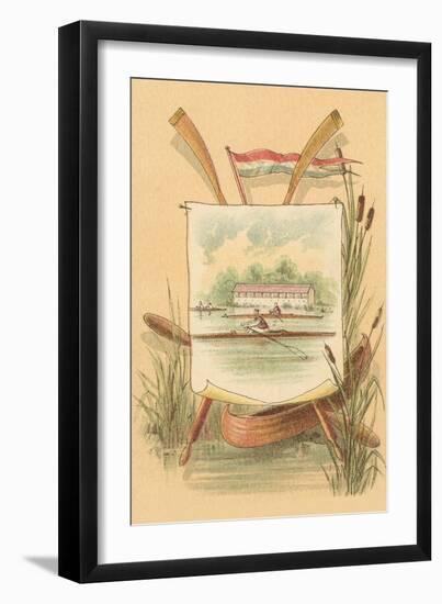 Canoe Amid Cattails, Rowing Illustration-null-Framed Art Print