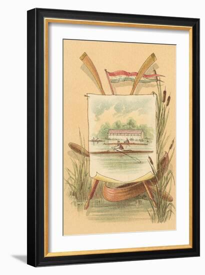 Canoe Amid Cattails, Rowing Illustration-null-Framed Art Print