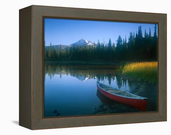 Canoe in Sparks Lake, Broken Top Mountain in Background, Cascade Mountains, Oregon, USA-Janis Miglavs-Framed Premier Image Canvas