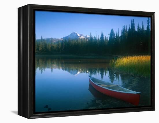 Canoe in Sparks Lake, Broken Top Mountain in Background, Cascade Mountains, Oregon, USA-Janis Miglavs-Framed Premier Image Canvas