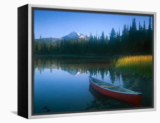 Canoe in Sparks Lake, Broken Top Mountain in Background, Cascade Mountains, Oregon, USA-Janis Miglavs-Framed Premier Image Canvas