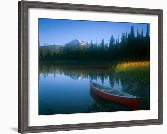 Canoe in Sparks Lake, Broken Top Mountain in Background, Cascade Mountains, Oregon, USA-Janis Miglavs-Framed Photographic Print