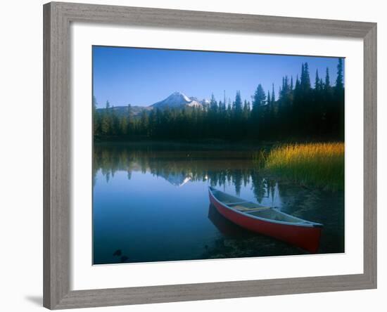 Canoe in Sparks Lake, Broken Top Mountain in Background, Cascade Mountains, Oregon, USA-Janis Miglavs-Framed Photographic Print