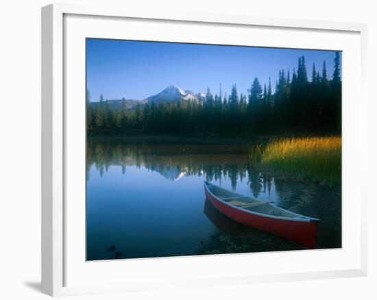 Canoe in Sparks Lake, Broken Top Mountain in Background, Cascade Mountains, Oregon, USA-Janis Miglavs-Framed Photographic Print