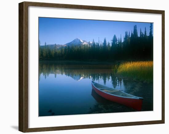 Canoe in Sparks Lake, Broken Top Mountain in Background, Cascade Mountains, Oregon, USA-Janis Miglavs-Framed Photographic Print