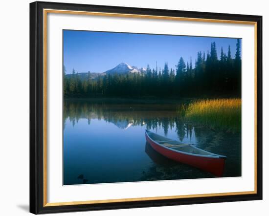 Canoe in Sparks Lake, Broken Top Mountain in Background, Cascade Mountains, Oregon, USA-Janis Miglavs-Framed Photographic Print