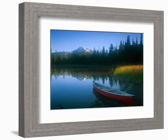 Canoe in Sparks Lake, Broken Top Mountain in Background, Cascade Mountains, Oregon, USA-Janis Miglavs-Framed Photographic Print