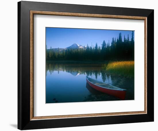 Canoe in Sparks Lake, Broken Top Mountain in Background, Cascade Mountains, Oregon, USA-Janis Miglavs-Framed Photographic Print