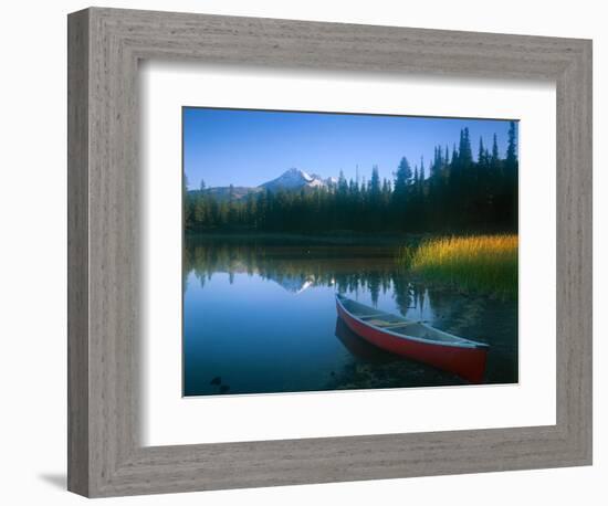 Canoe in Sparks Lake, Broken Top Mountain in Background, Cascade Mountains, Oregon, USA-Janis Miglavs-Framed Photographic Print