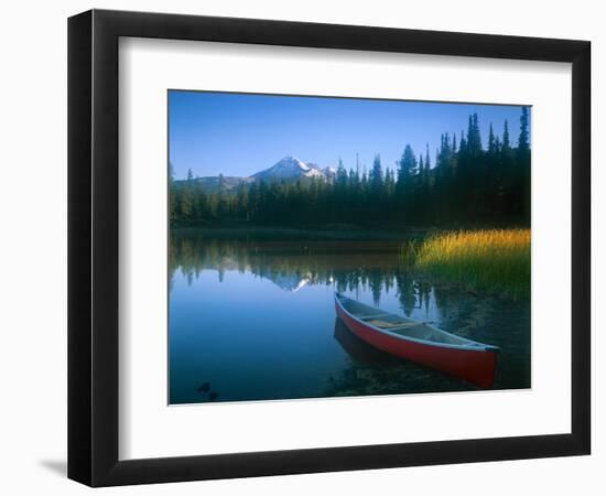 Canoe in Sparks Lake, Broken Top Mountain in Background, Cascade Mountains, Oregon, USA-Janis Miglavs-Framed Photographic Print