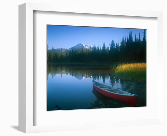 Canoe in Sparks Lake, Broken Top Mountain in Background, Cascade Mountains, Oregon, USA-Janis Miglavs-Framed Photographic Print