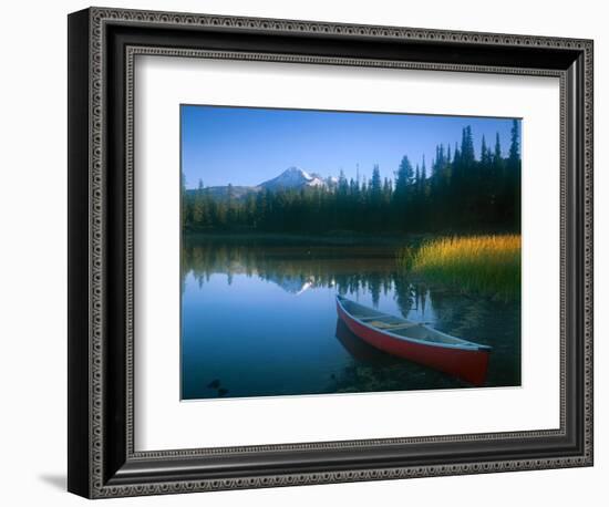 Canoe in Sparks Lake, Broken Top Mountain in Background, Cascade Mountains, Oregon, USA-Janis Miglavs-Framed Photographic Print